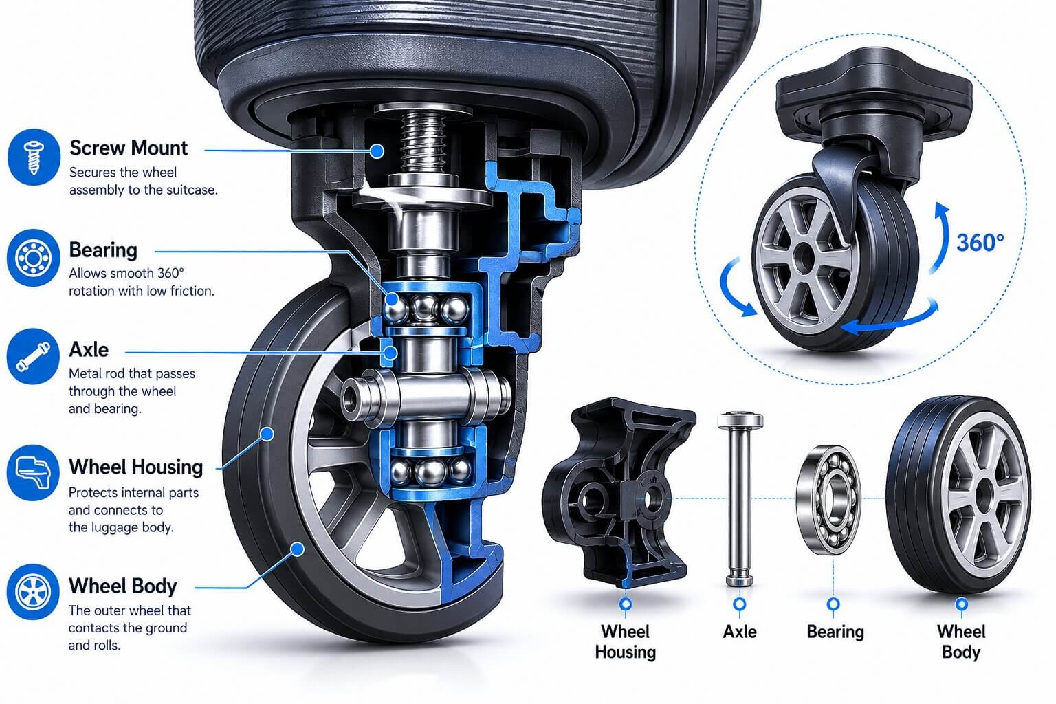 Diagram showing parts of a Samsonite spinner wheel assembly