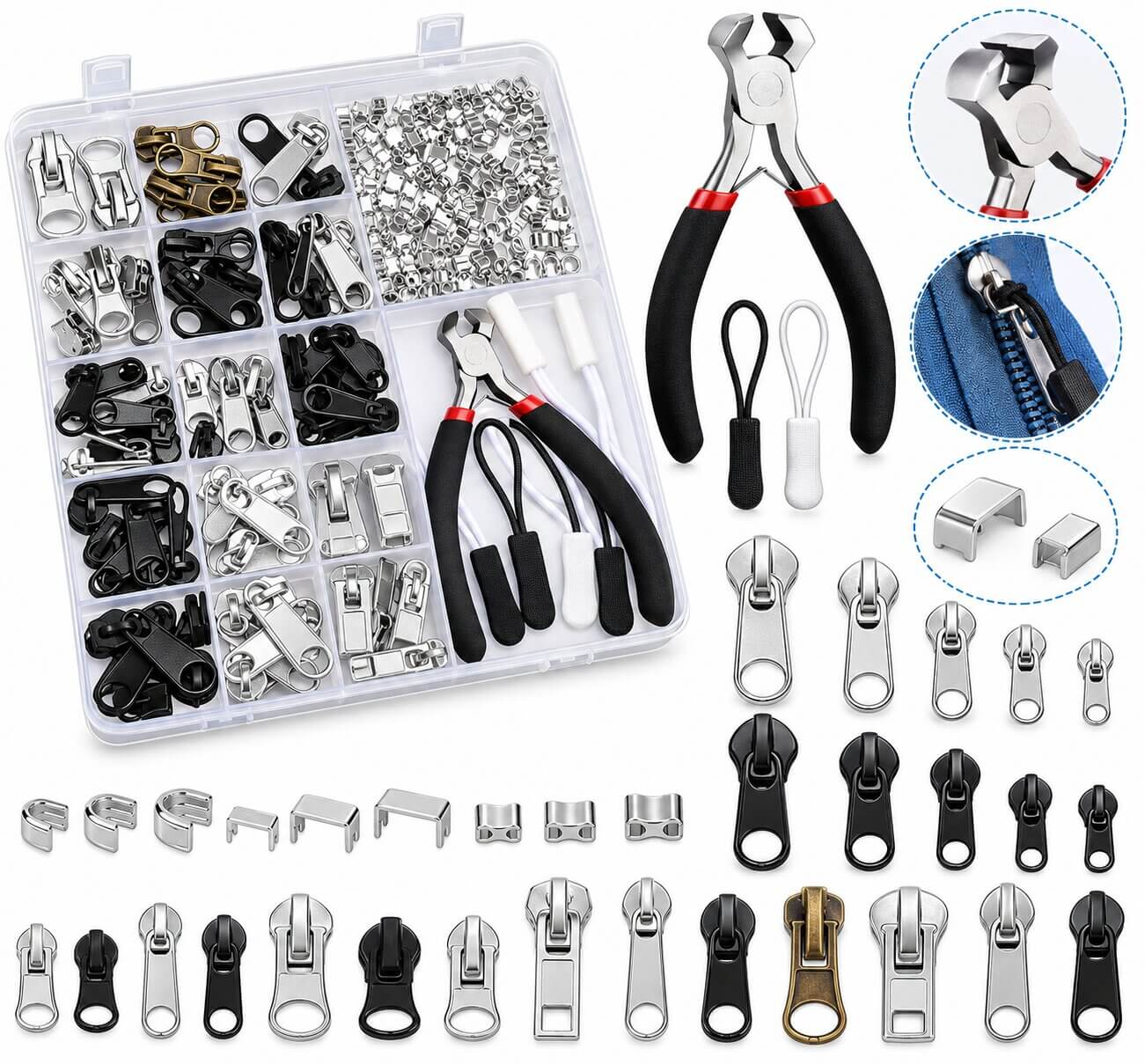 MAPVOLUT 280 piece universal zipper repair kit with metal sliders and pliers