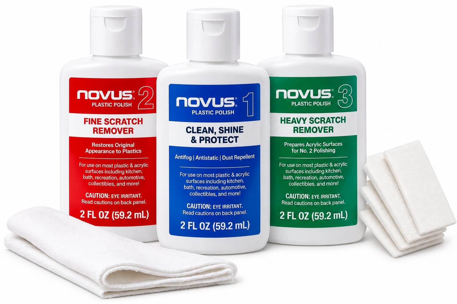 Novus plastic polish kit for cleaning and buffing scuffs off hardside luggage